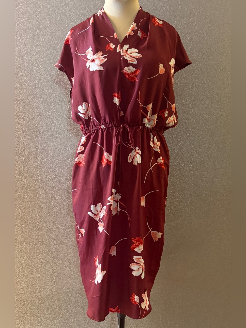 Lauren Ralph Lauren Floral Tie-Waist Red Burgundy Midi Dress with Beads Size 12
